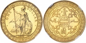GRANDE-BRETAGNE
Victoria (1837-1901). Trade dollar 1896 B, Bombay, frappe en or de poids lourd.
Av. La Grande Bretagne debout à droite tenant un bou...