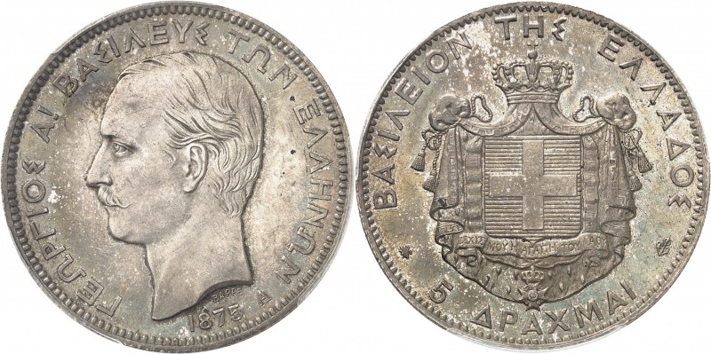 GRÈCE
Georges Ier (1863-1913). 5 drachmes 1875 A, Paris.
Av. Tête nue à gauche...