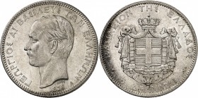 GRÈCE
Georges Ier (1863-1913). 5 drachmes 1876 A, Paris.
Av. Tête nue à gauche. Rv. Écu couronné posé sur un manteau.
Km. 46. 24,99 g.
NGC MS 61. ...