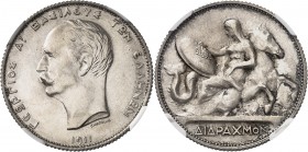 GRÈCE
Georges Ier (1863-1913). 2 drachmes 1911, Paris, essai (en relief) en argent sans lettre d’atelier, tranche striée.
Av. Tête nue à gauche. Rv....