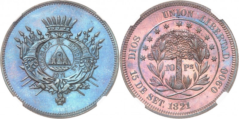 HONDURAS
République. 10 pesos 1871, essai en bronze.
Av. Temple sur un manteau...