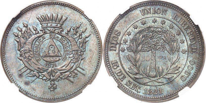 HONDURAS
République. 10 pesos 1871, essai en bronze.
Av. Temple sur un manteau...
