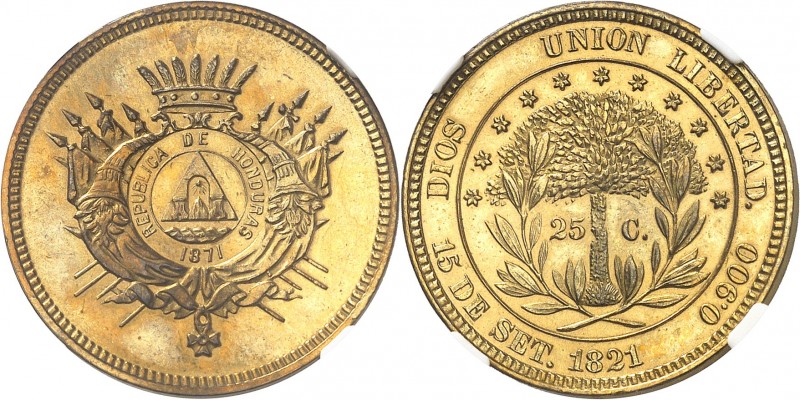 HONDURAS
République. 25 cent 1871, essai en bronze-doré.
Av. Temple sur un man...