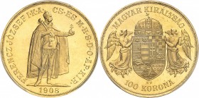 HONGRIE
François-Joseph Ier (1848-1916). 100 Couronnes 1908, Vienne
Av. Le roi debout à droite. Rv. Écu porté par deux anges.
Fr. 249.
Top pop : p...