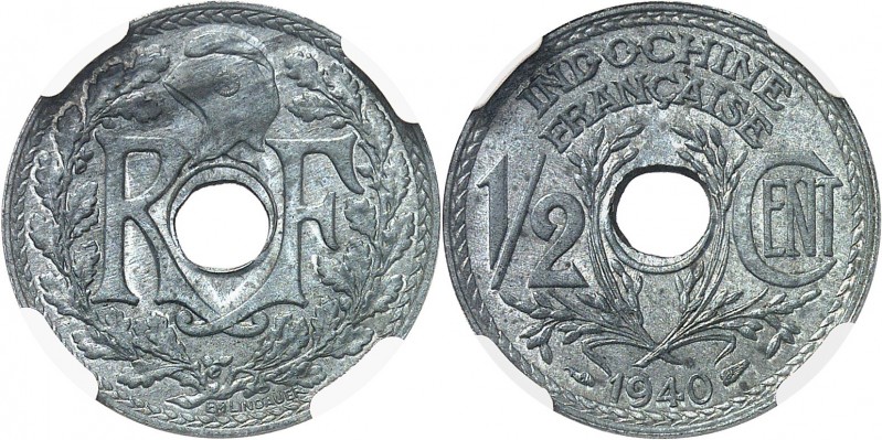 INDOCHINE
½ cent zinc 1940.
Av. Bonnet phrygien entouré des lettres R et F. Rv...