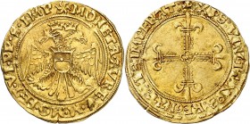 ITALIE
Casale, Guglielmo II Paleologo (1494-1518). Écu d’or.
Av. Aigle bicéphale. Rv. Croix fleurdelisée.
Fr. 168, MIR. 181, 3,37 g.
PCGS AU 55. T...
