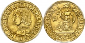 ITALIE
Ferrara, Ercole I d’Este, (1471-1505). Ducat.
Av. Buste habillé à gauche. Rv. Christ de face.
MIR 250. Friedberg 265.
Top pop : Plus haut g...