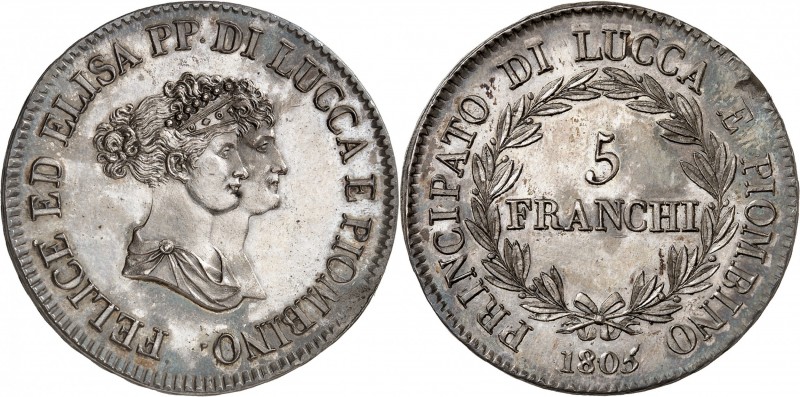 ITALIE
Lucca. Elisa Bonaparte et Felix Baciocchi (1805-1814). 5 franchi 1805, F...