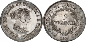 ITALIE
Lucca. Elisa Bonaparte et Felix Baciocchi (1805-1814). 5 franchi 1805, Florence.
Av. Bustes accolés à droite. Rv. Valeur dans une couronne.
...