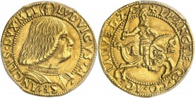 ITALIE
Milan, Ludovico Maria Sforza, 1494-1499. Double ducat, non daté.
Av. Buste cuirassé à droite. Rv. Ludovico Maria chevauchant à droite.
MIR 2...