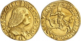 ITALIE
Milan, Ludovico Maria Sforza, 1494-1499. Double ducat, non daté.
Av. Buste à droite. Rv. Ludovico Maria chevauchant à droite.
MIR 228.3, Fr....