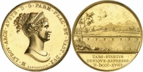 ITALIE
Parme, Marie-Louise (1815-1847). Médaille en or 1818, célébrant les travaux sur le Taro, par Santarelli.
Av. Buste diadémé à droite. Rv. Vue ...