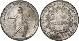 ITALIE
République Piémontaise (1798-1799). 1/2 scudo an VII (1799).
Av. La Liberté debout à gauche devant le Piémont. Rv. Valeur dans une couronne....