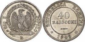 ITALIE
Seconde République Romaine. 40 baiocchi 1849, Rome.
Av. Aigle dans une couronne. Rv. Valeur dans un cercle.
Mont. 59.
PCGS MS 64. Superbe
