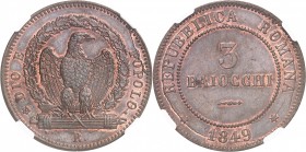 ITALIE
Seconde République Romaine. 3 baiocchi 1849, Rome.
Av. Aigle dans une couronne. Rv. Valeur dans un cercle.
Mont. 64.
NGC MS 65 BN. Fleur de...