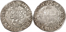 ITALIE
Savoie, Amedeo IX (1465-1472). Double gros Ier type, Bourg-en-Bresse.
Av. Écu de Savoie penché, timbré d’un heaume sommé d’un cimier avec lam...