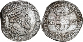 ITALIE
Savoie, Charles II (1504-1553). Teston, 6ème type, 1552, Aoste.
Av. Buste à droite. Rv. Ecu de Savoie, légende autour.
Biaggi 297a, MIR 343a...