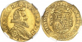 ITALIE
Savoie, Charles Emmanuel I (1580-1630). Quadruple ou 2 doppie 5ème type T, Turin.
Av. Buste en uniforme à droite. Rv. Écu couronné.
MIR 576a...