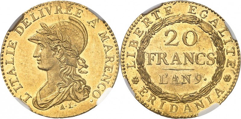 ITALIE
Gaule Subalpine (1800-1802). 20 francs Marengo an 9, Turin.
Av. Buste c...