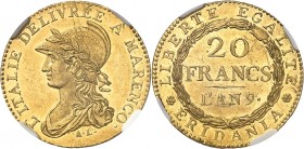 ITALIE
Gaule Subalpine (1800-1802). 20 francs Marengo an 9, Turin.
Av. Buste casqué et lauré de la République à gauche. Rv. Valeur dans une couronne...