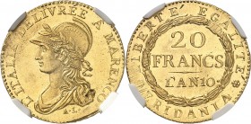 ITALIE
Gaule Subalpine (1800-1802). 20 francs Marengo an 10, Turin.
Av. Buste casqué et lauré de la République à gauche. Rv. Valeur dans une couronn...