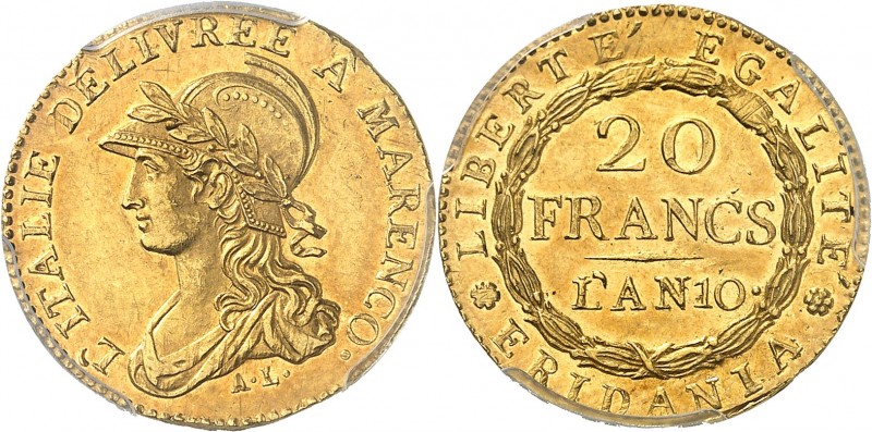 ITALIE
Gaule Subalpine (1800-1802). 20 francs Marengo an 10, Turin.
Av. Buste ...