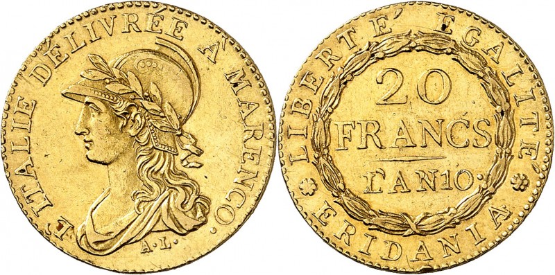 ITALIE
Gaule Subalpine (1800-1802). 20 francs Marengo an 10, Turin.
Av. Buste ...