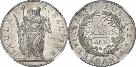 ITALIE
Gaule Subalpine (1800-1802). 5 francs an 10, Turin.
Av. La République et la Gaule Subalpine. Rv. Valeur dans une couronne.
Mont. 10.
Proven...