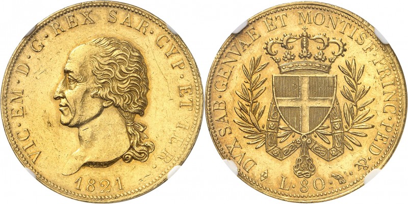 ITALIE
Victor Emmanuel I (1814-1821). 80 lire 1821, Turin.
Av. Tête nue à gauc...
