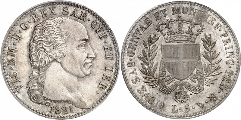 ITALIE
Victor Emmanuel Ier (1814-1821). 5 lire 1821, Turin.
Av. Tête nue à dro...