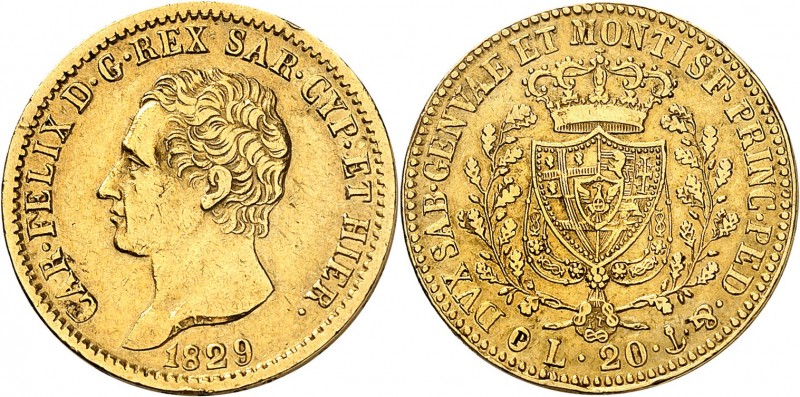ITALIE
Charles-Felix (1821-1831). 20 lire 1829, Gênes.
Av. Tête nue à gauche. ...