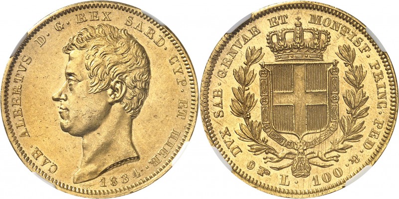 ITALIE
Charles Albert (1831-1849). 100 lire 1834, Turin.
Av. Tête nue à gauche...