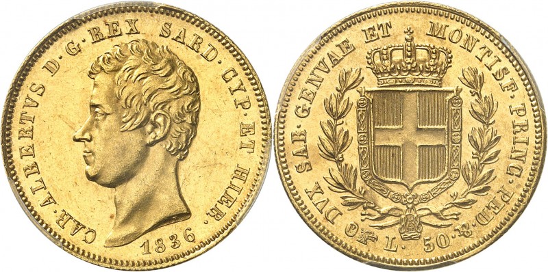 ITALIE
Charles Albert (1831-1849). 50 lire 1836, Turin.
Av. Tête nue à gauche....
