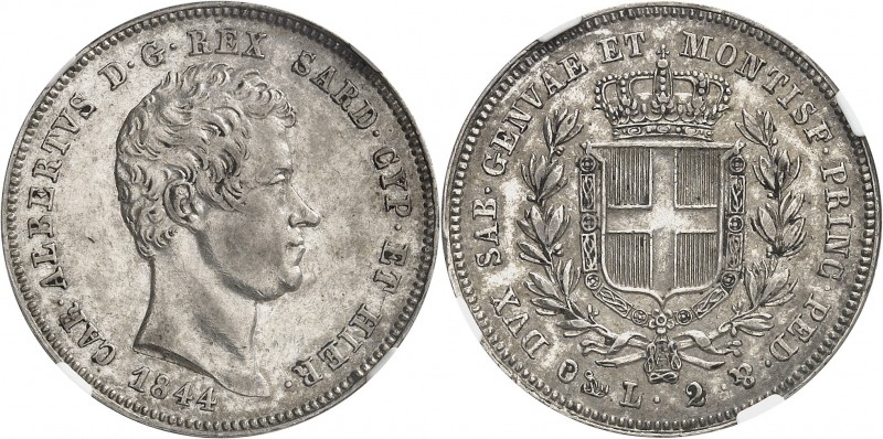ITALIE
Charles Albert (1831-1849). 2 lire 1844, Gênes.
Av. Tête nue à droite. ...