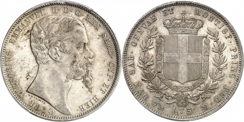 ITALIE
Victor Emmanuel II (1849-1861). 5 lire 1850, Gênes.
Av. Tête nue à droi...