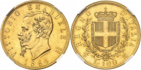 ITALIE
Victor Emmanuel II (1861-1878). 100 Lire, 1864, Turin.
Av. Tête nue à gauche. Rv. Écu couronné.
Mont. 126, Fr. 8.
NGC MS 61. Millésime rare...
