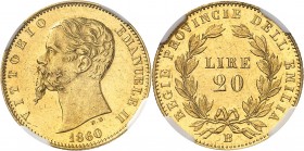 ITALIE
Victor Emmanuel II (1849-1861). 20 lire 1860, Bologne.
Av. Tête nue à gauche. Rv. Valeur dans une couronne.
Mont. 104, Fr. 256.
Top pop : p...