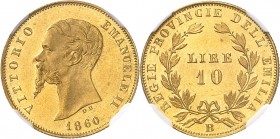 ITALIE
Victor Emmanuel II (1849-1861). 10 lire 1860, Bologne.
Av. Tête nue à gauche. Rv. Valeur dans une couronne.
Mont. 105, Fr. 257.
Top pop : p...