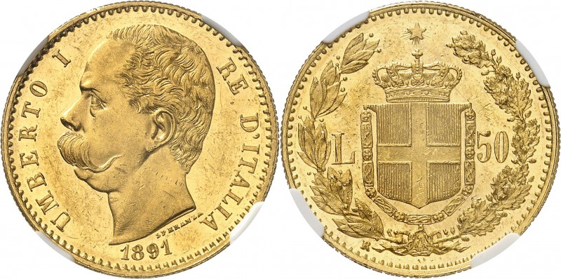 ITALIE
Umberto Ier (1878-1900). 50 lire 1891 R, Rome.
Av. Tête nue à gauche. R...