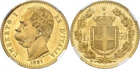 ITALIE
Umberto Ier (1878-1900). 50 lire 1891 R, Rome.
Av. Tête nue à gauche. Rv. Écu couronné.
Fr. 20, Mont. 8.
NGC MS 61. Superbe