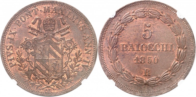 ITALIE
Vatican, Pie IX (1846-1878). 5 baiocchi 1850, Rome.
Av. Armoiries couro...