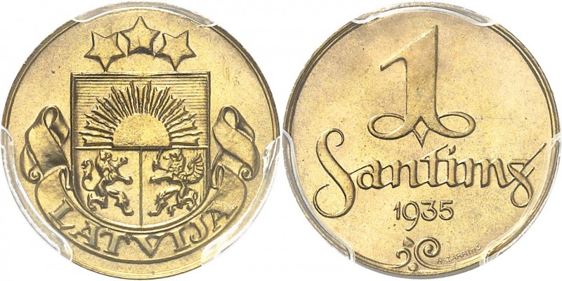 LETTONIE
République. Santims 1935, épreuve.
Av. Écu surmonté de trois étoiles....