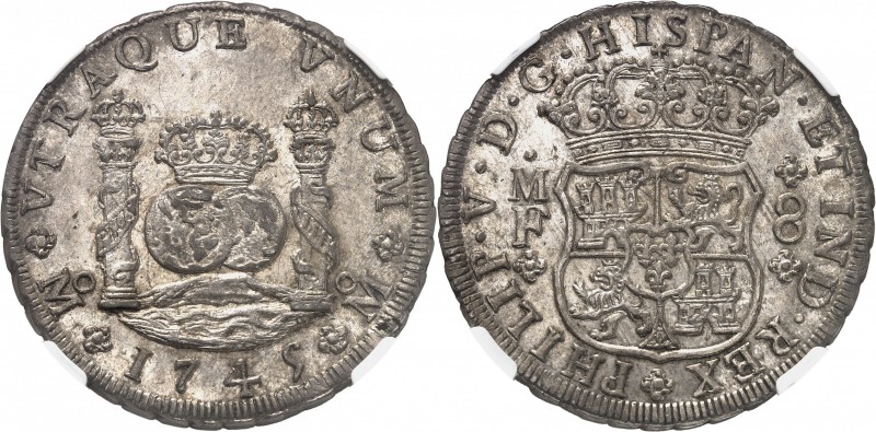MEXIQUE
Philippe V (1700-1746). 8 reales 1745, Mexico.
Av. Deux globes couronn...