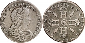 MONACO
Honoré III (1733-1795). Pezzetta 1734.
Av. Buste drapé et cuirassé à droite. Rv. Quatre H couronnés formant une croix, accostés de quatre fus...