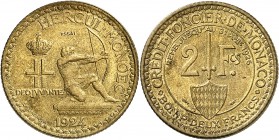 MONACO
Louis II (1922-1949). 2 francs 1924, essai en bronze-aluminium.
Av. Héraclès à droite. Rv. Valeur, légende circulaire.
G. MC129.
PCGS SP 64...
