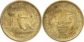MONACO
Louis II (1922-1949). 1 Franc 1924, essai en bronze-aluminium.
Av. Héraclès à droite. Rv. Valeur, légende circulaire.
G. MC127.
PCGS SP 63....