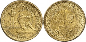 MONACO
Louis II (1922-1949). 50 centimes 1924, essai en bronze-aluminium.
Av. Héraclès à droite. Rv. Valeur, légende circulaire.
G. MC125.
PCGS SP...