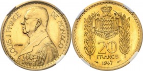 MONACO
Louis II (1922-1949). 20 francs 1947, essai en or.
Av. Buste en uniforme à gauche. Rv. Écu couronné aux armes des Grimaldi entre deux épis.
...