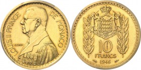 MONACO
Louis II (1922-1949). 10 francs 1946, essai en or.
Av. Buste en uniforme à gauche. Rv. Écu couronné aux armes des Grimaldi entre deux épis.
...