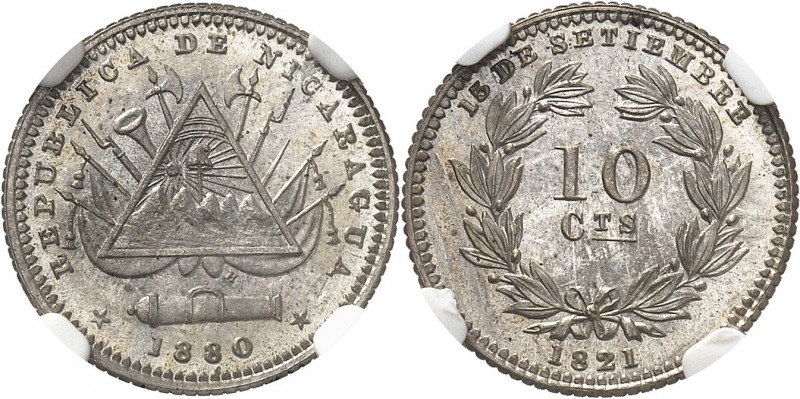 NICARAGUA
République. 10 centavos 1880 H, Heaton, frappe de présentation.
Av. ...